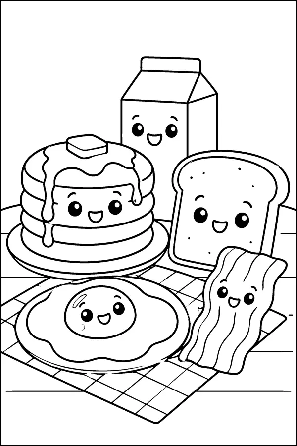 Dessin à colorier kawaii de petit-déjeuner