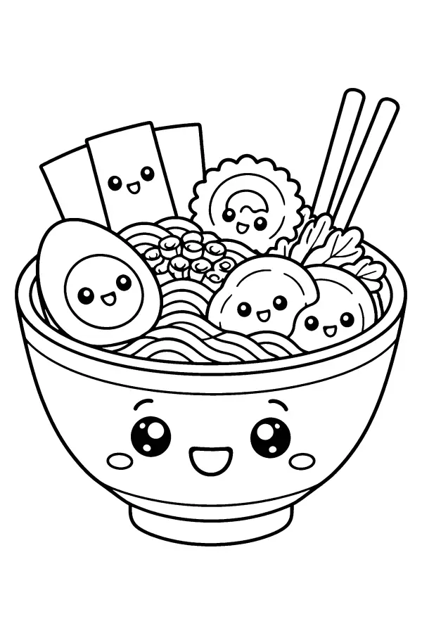 Dessin à colorier d’un bol de ramen kawaii