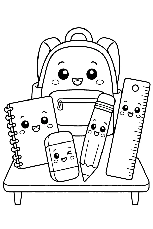 Coloriage kawaii de fournitures scolaires
