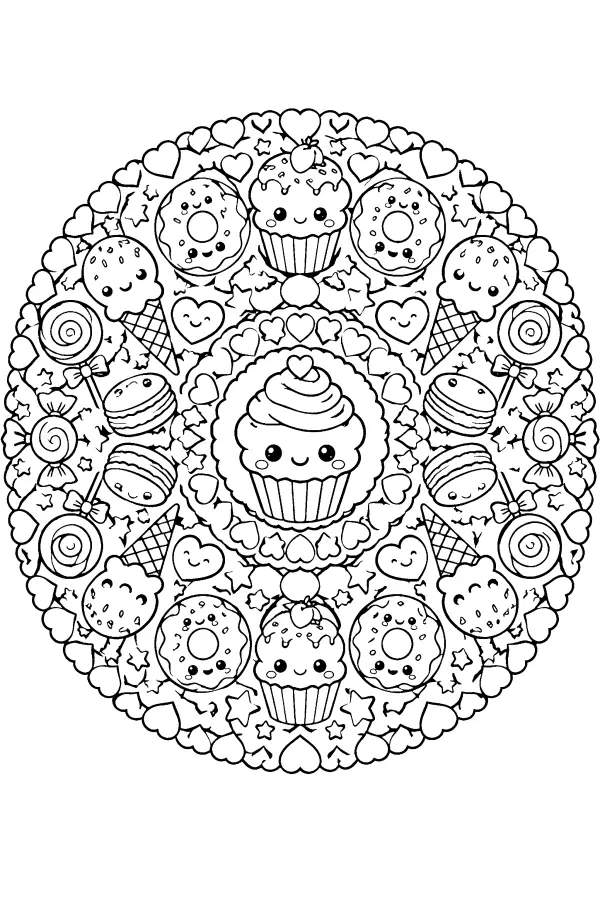 Dessin à colorier détaillé d’un mandala kawaii