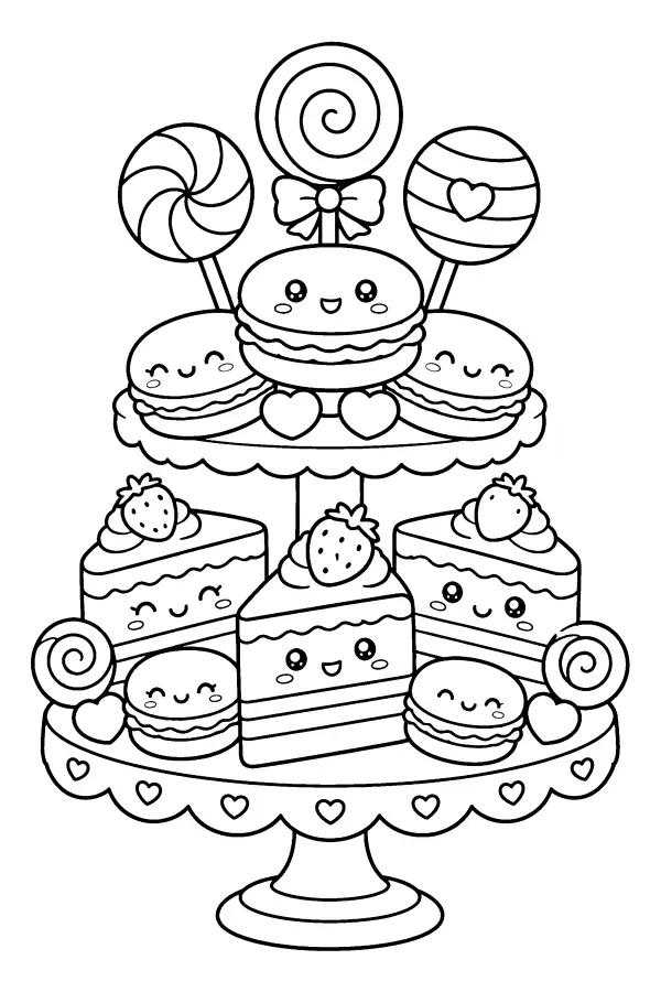 Dessin à colorier kawaii d’une tour de desserts
