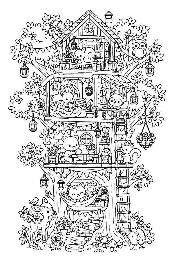 Dessin à colorier détaillé kawaii d’une cabane