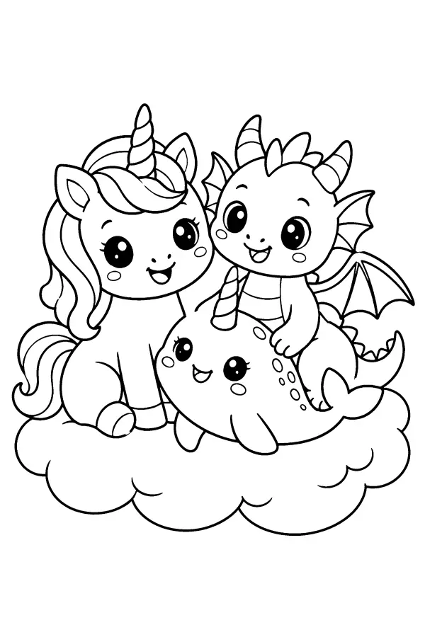 Coloriage kawaii d’une licorne et d’amis