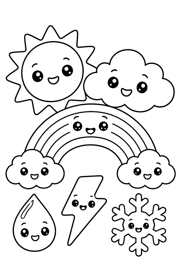 Dessin à colorier kawaii des éléments météo