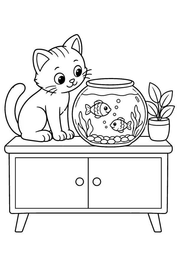 Kitten And Fish Bowl