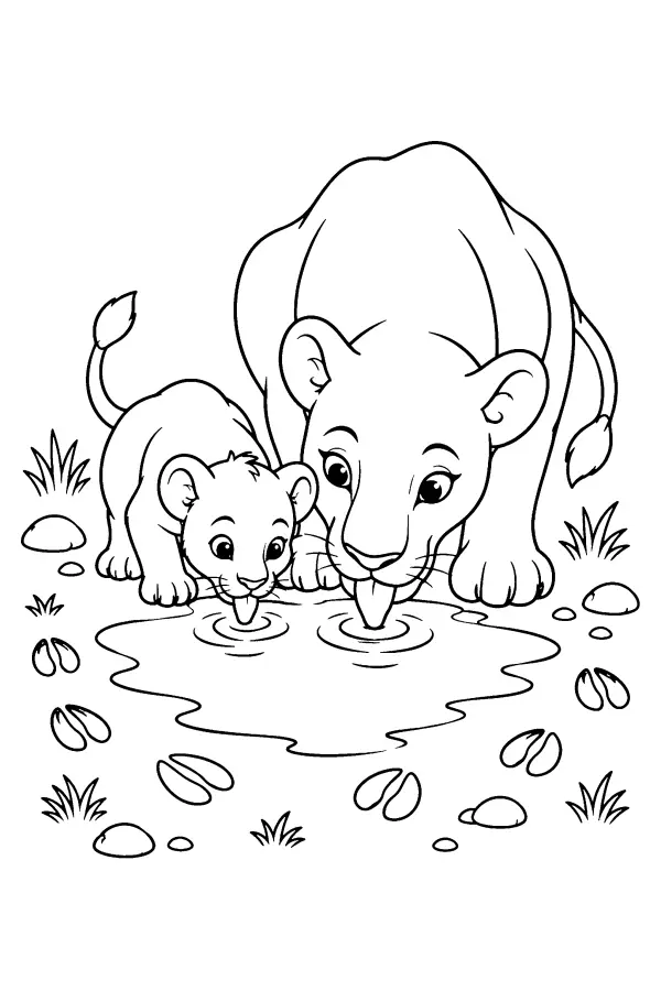 Lioness And Cub Puddle