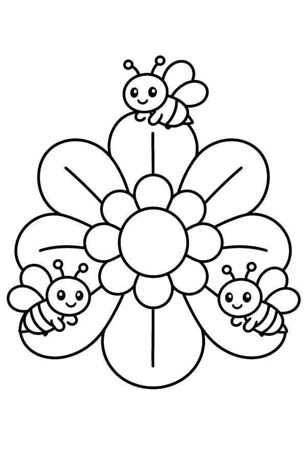 Coloriage d’un mandala en forme de fleur et abeilles