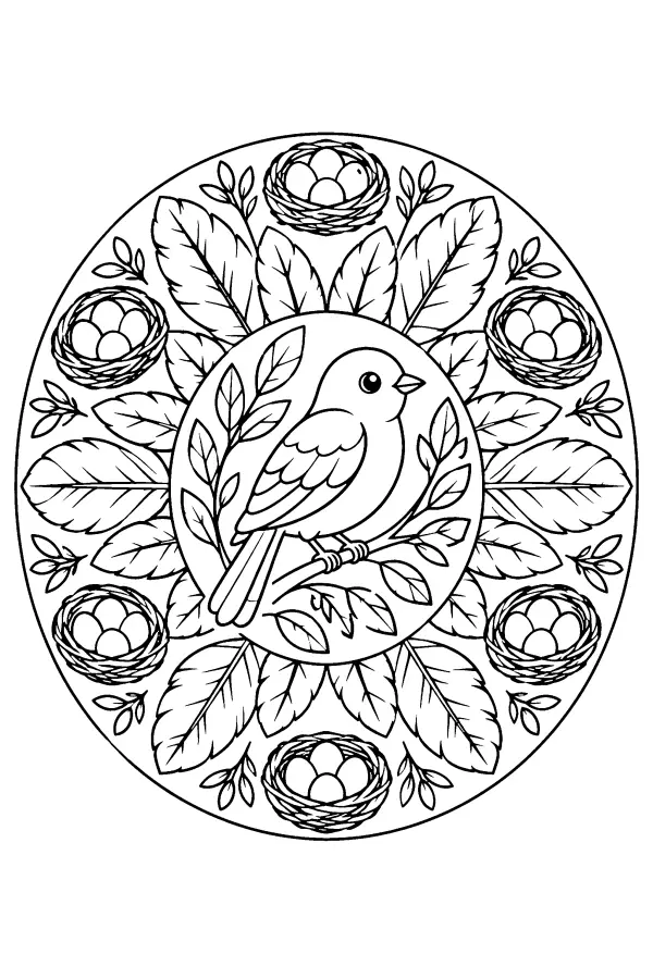 Dessin à colorier d’un mandala avec un oiseau