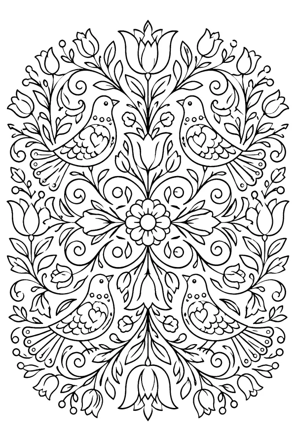 Coloriage détaillé d’un mandala oiseaux et tulipes