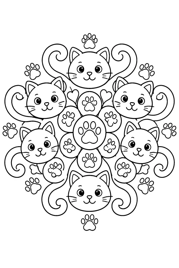 Coloriage d’un mandala de pattes de chat