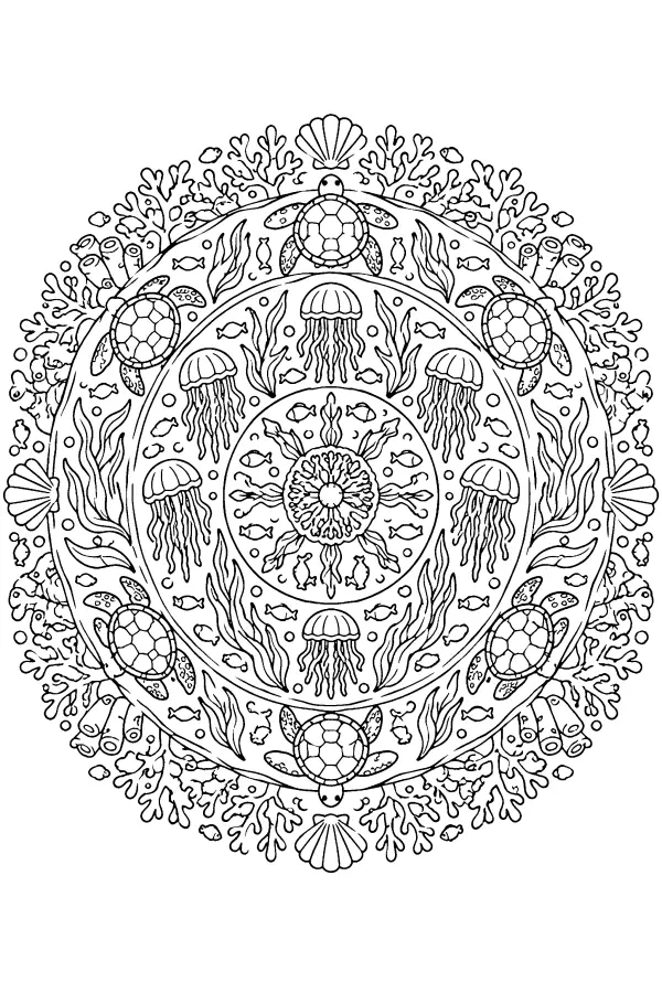 Dessin à colorier détaillé d’un mandala marin