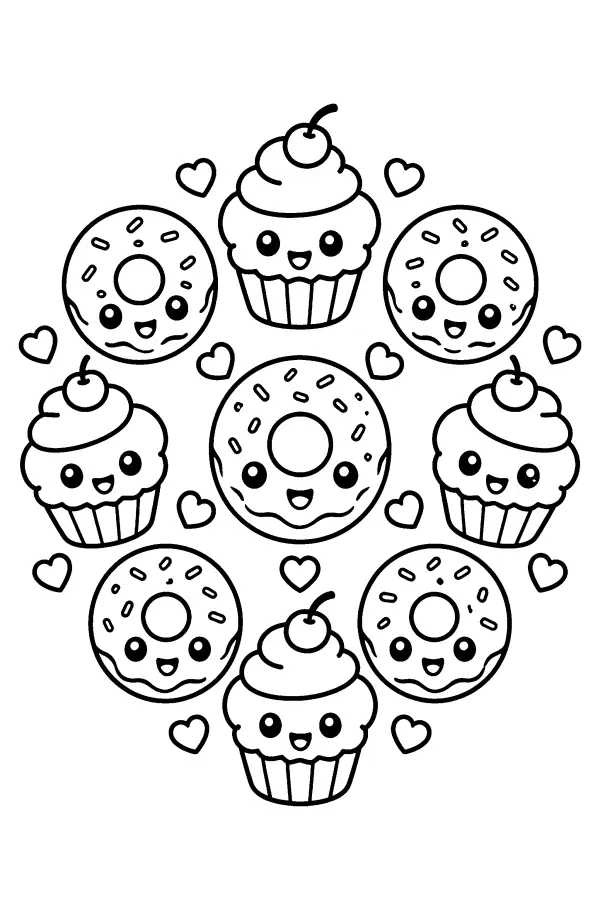 Dessin à colorier d’un mandala de gâteaux
