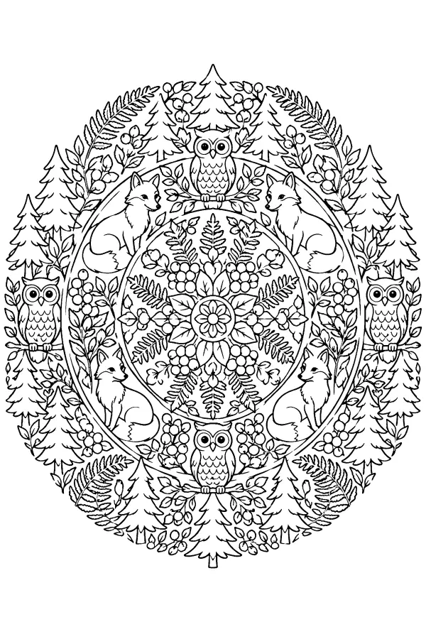 Dessin à colorier détaillé d’un mandala forêt