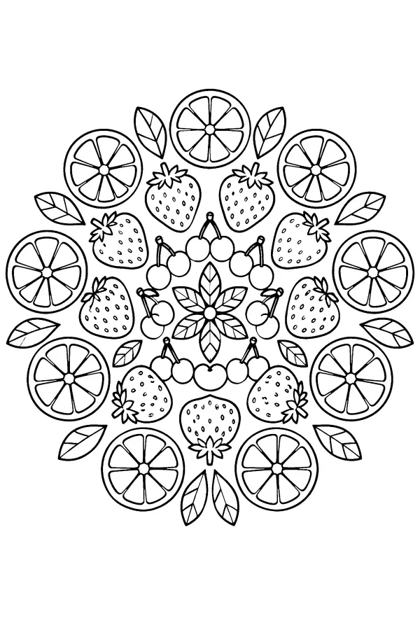 Dessin à colorier d’un mandala de fruits