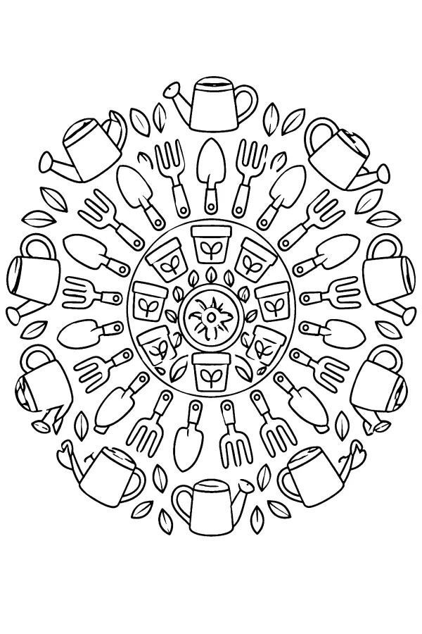 Coloriage d’un mandala d’outils de jardin