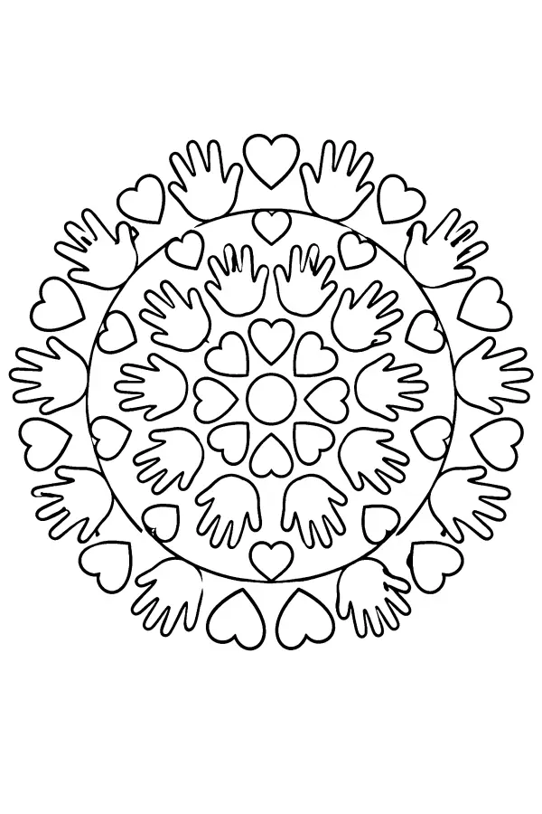 Dessin à colorier d’un mandala mains et cœurs