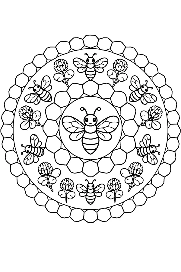 Dessin à colorier d’un mandala abeilles pour enfants