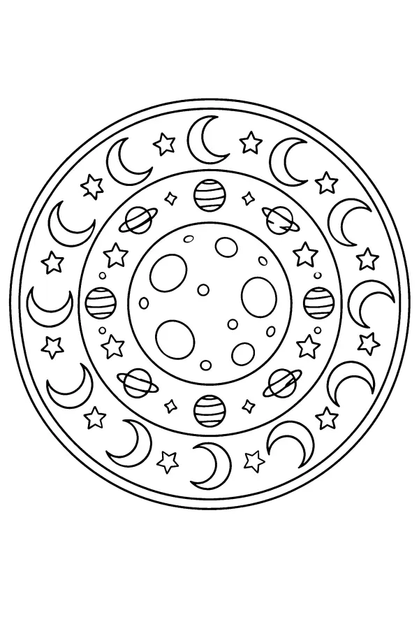 Coloriage d’un mandala lune et croissants d’étoiles