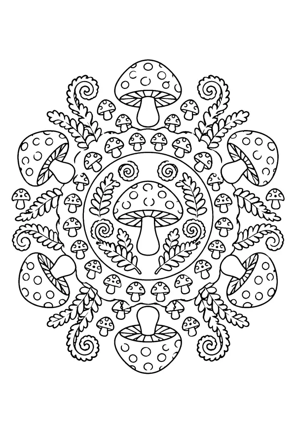 Dessin à colorier d’un mandala de champignons