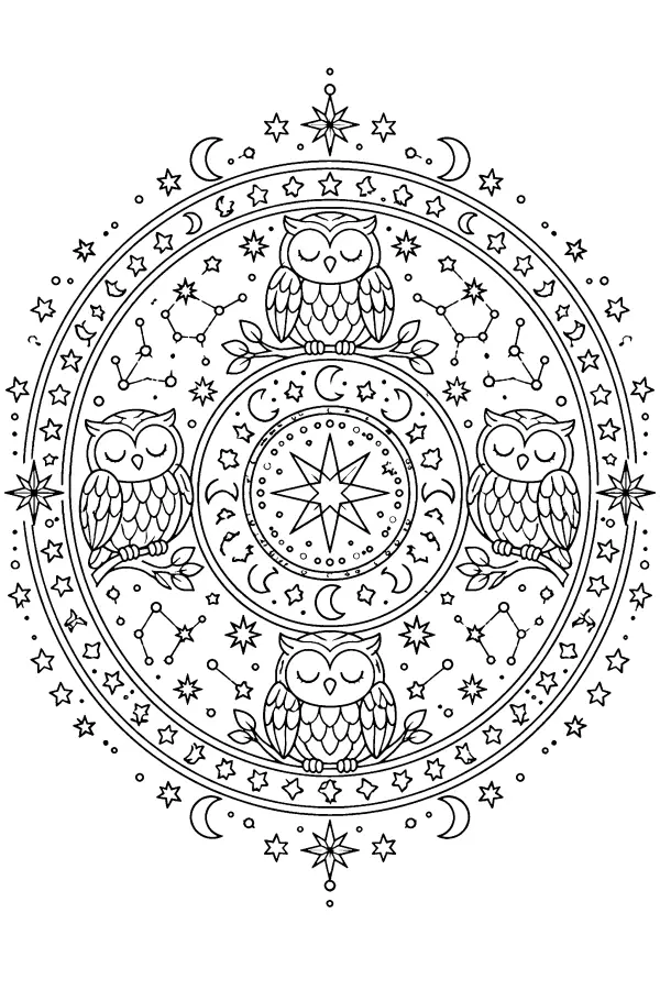 Coloriage détaillé d’un mandala de hiboux