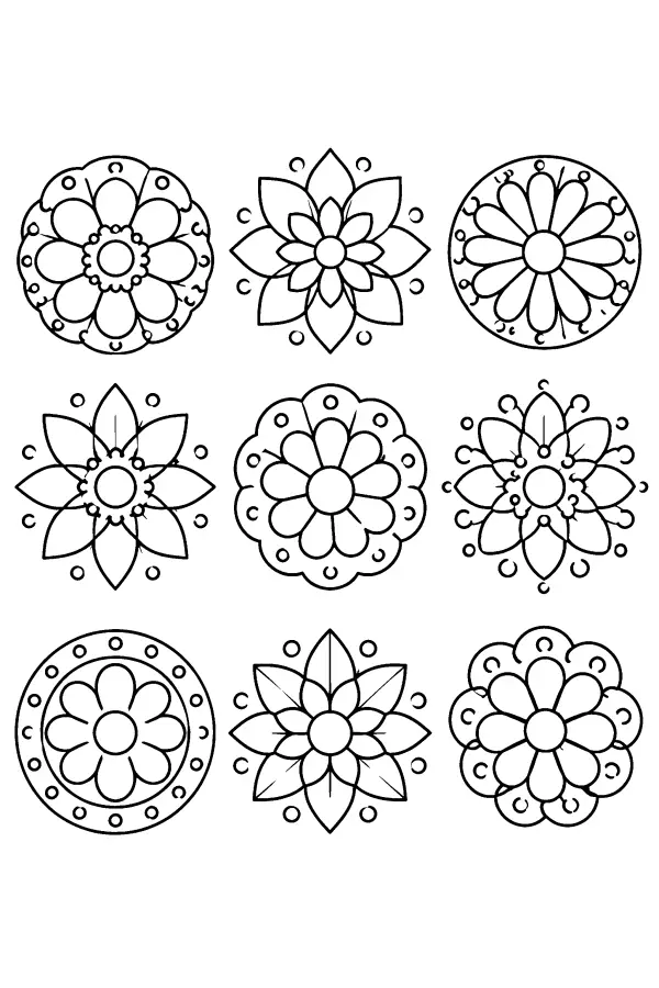 Dessin à colorier de neuf petits mandalas
