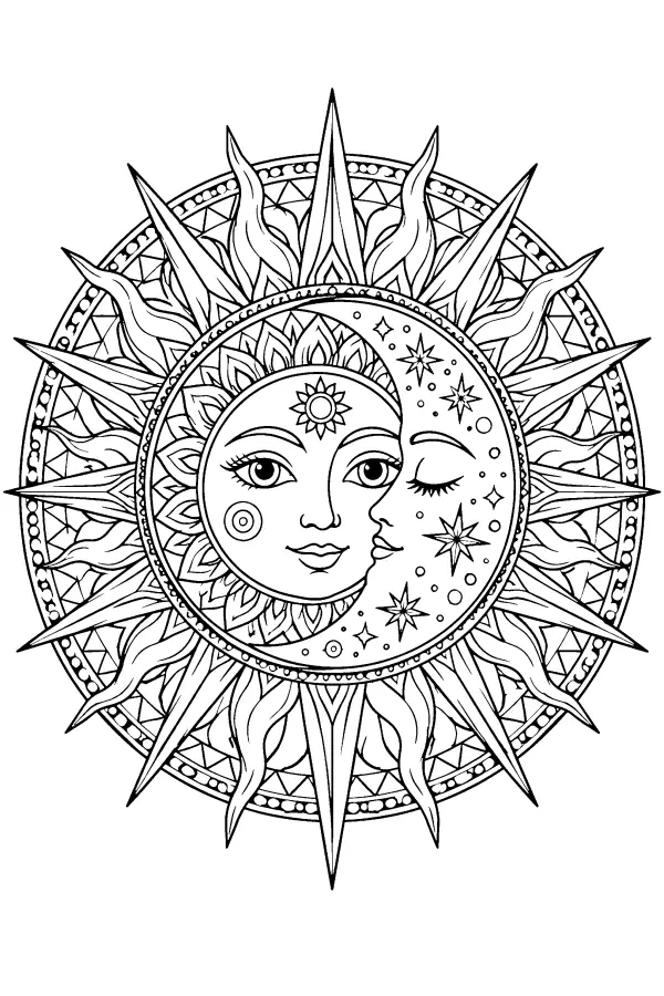 Coloriage détaillé d’un mandala soleil et lune