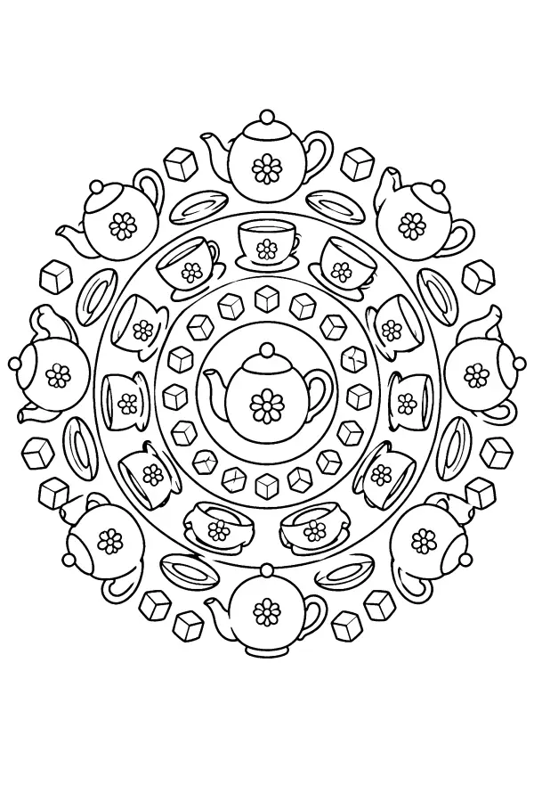 Dessin à colorier d’un mandala du thé pour enfants