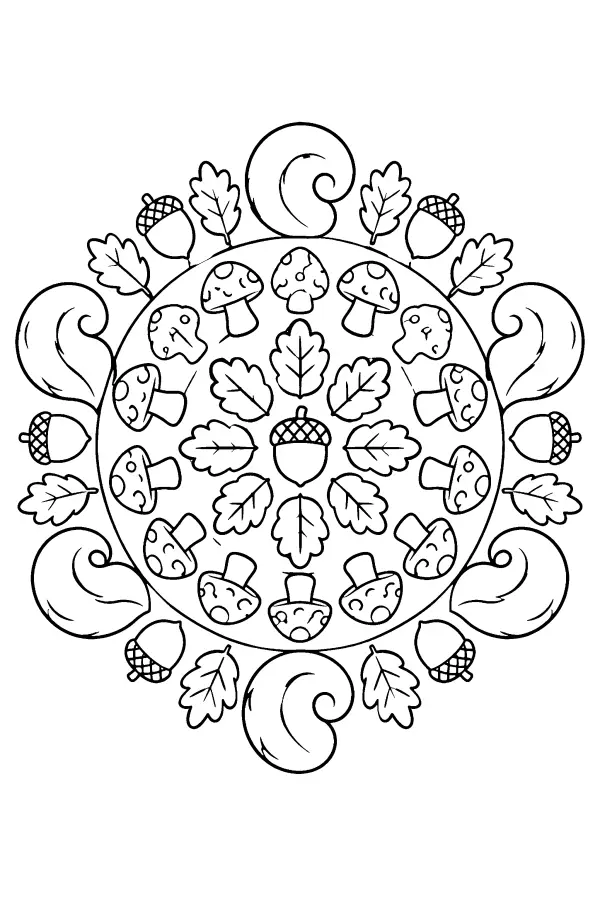 Coloriage d’un mandala forêt aux glands et feuilles