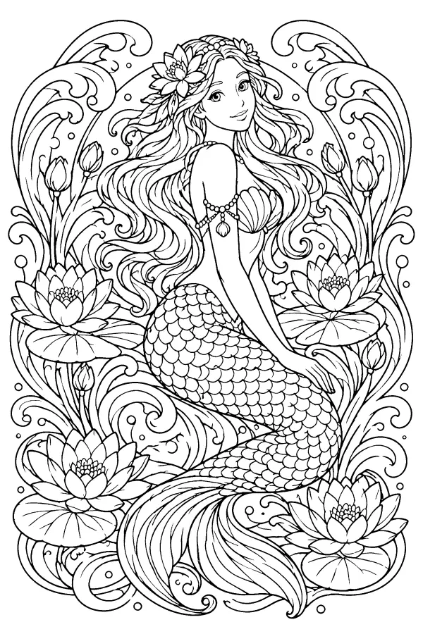 Coloriage détaillé d’une sirène art nouveau