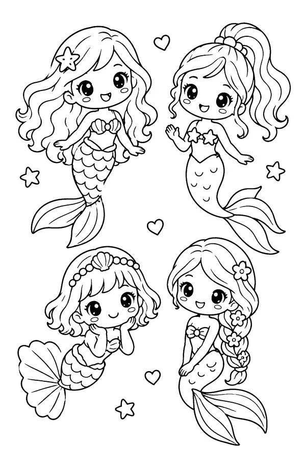 Dessin à colorier de quatre sirènes souriantes