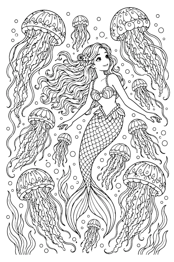 Coloriage détaillé d’une sirène parmi les méduses