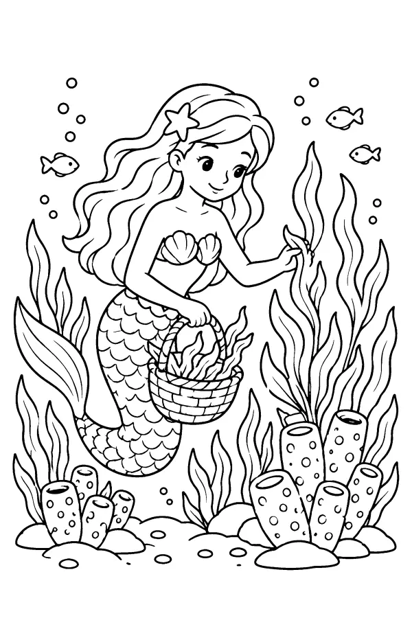 Coloriage d’une sirène dans un jardin marin