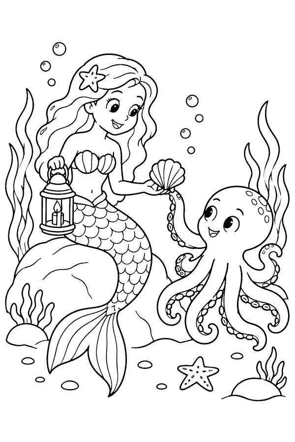 Dessin à colorier d’une sirène et d’un poulpe