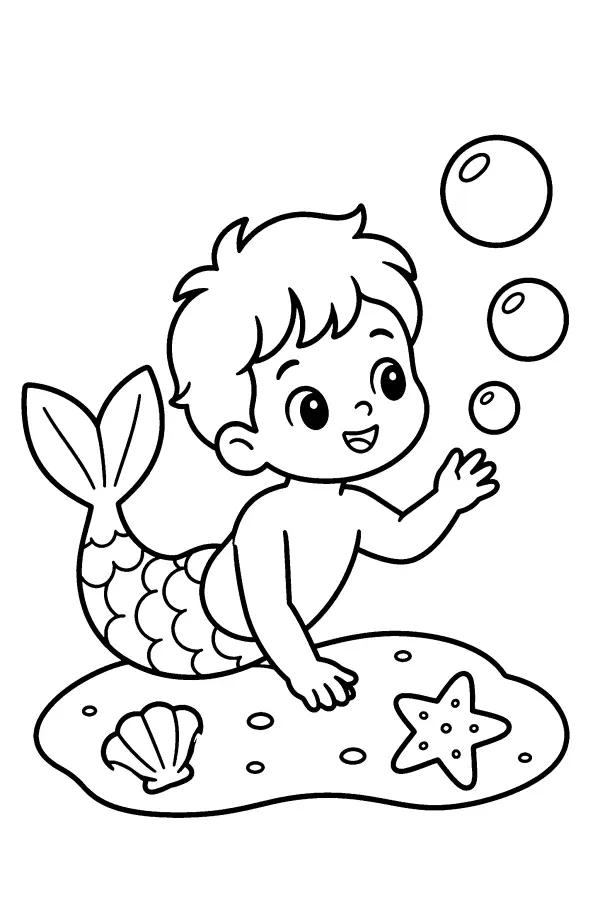 Coloriage facile d’un enfant sirène sur le sable