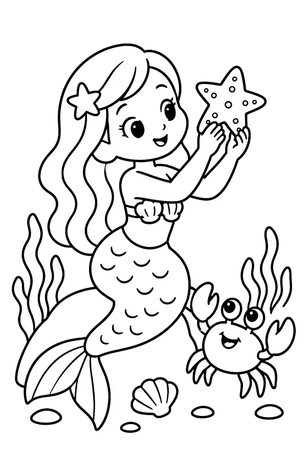 Dessin à colorier d’une sirène et d’un crabe