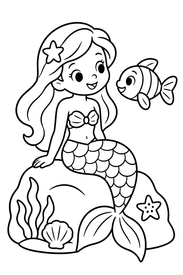 Dessin à colorier d’une sirène avec un poisson