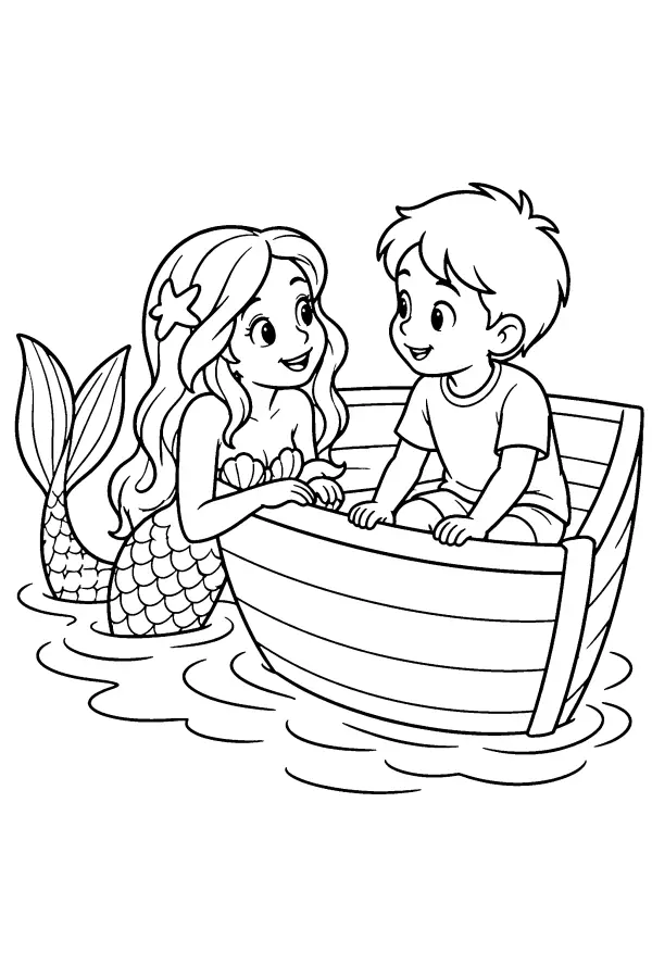 Coloriage d’une sirène près d’une barque