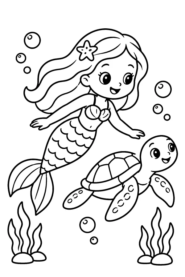 Dessin à colorier d’une sirène et d’une tortue
