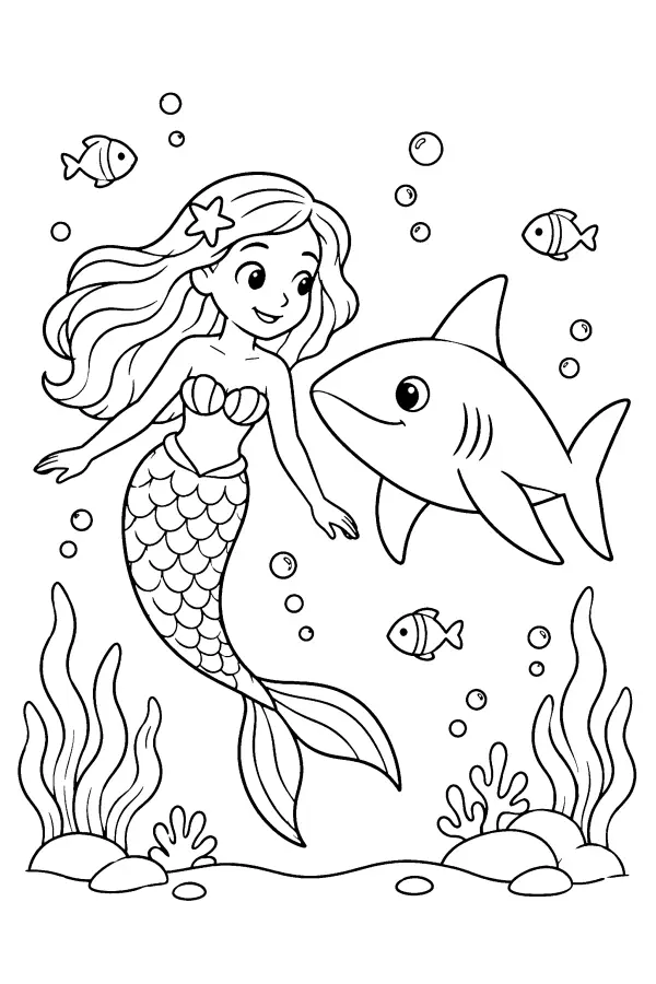 Dessin à colorier d’une sirène avec un requin