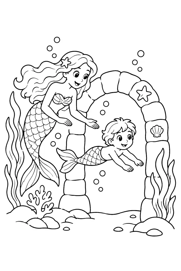 Coloriage d’une sirène qui enseigne à nager