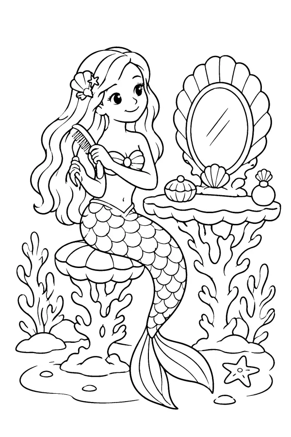 Dessin à colorier d’une sirène à sa toilette