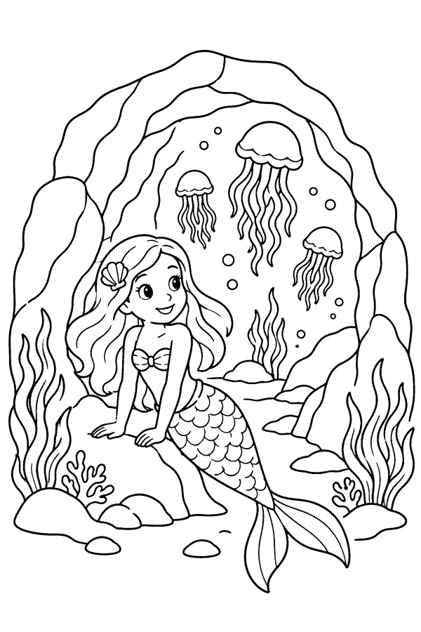 Dessin à colorier d’une sirène devant une grotte