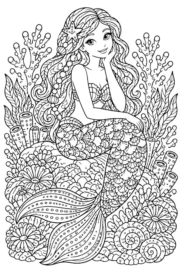 Dessin à colorier détaillé d’une sirène au corail