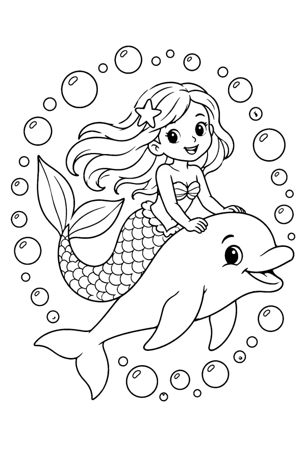 Dessin à colorier d’une sirène sur un dauphin