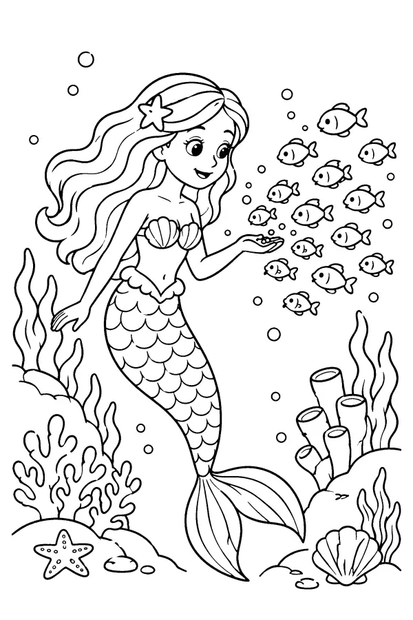 Coloriage d’une sirène nourrissant des poissons