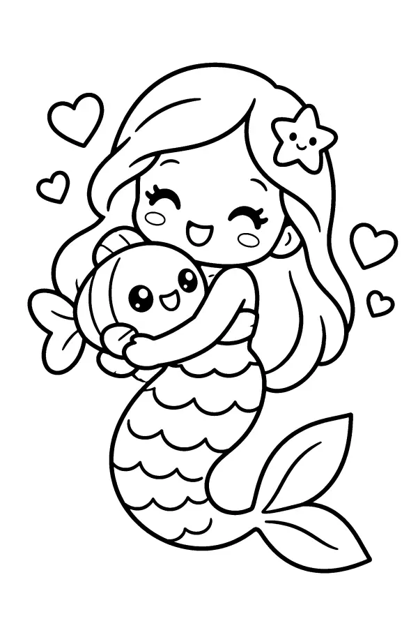 Coloriage d’une sirène câlinant un poisson