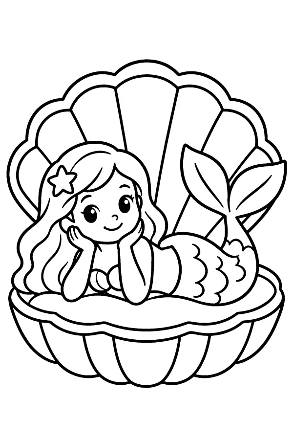 Coloriage d’une sirène dans une coquille