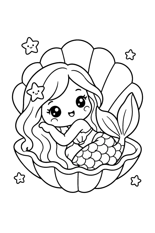 Coloriage d’une sirène blottie dans une coquille
