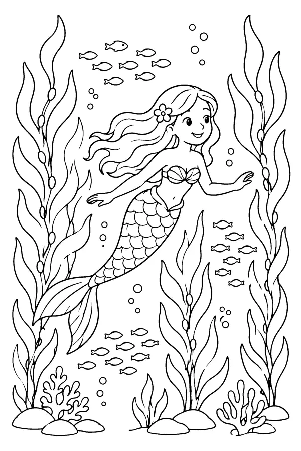 Dessin à colorier d’une sirène nageant dans les algues