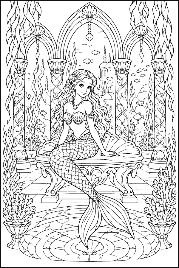 Coloriage détaillé d’une sirène dans un palais